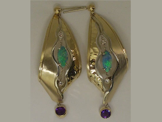 14K Gold, Opal Diamond & Sapphire Earrings