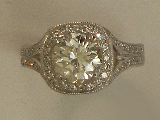 Engagement Ring With 14K White Gold & Diamond Ring With Bead Set Diamonds Round Brilliant Diamond