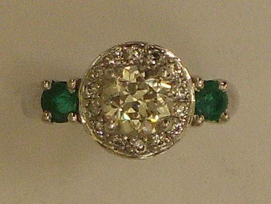 Emerald & Diamond Engagement Ring, Halo Setting With Round Diamond & Brilliant Stone in Center