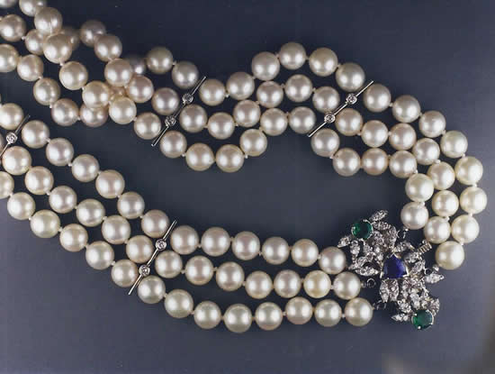 Triple Strand of Pearls With Diamonds, Sapphires, Emeralds