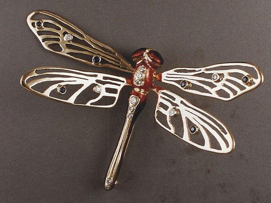 14K Yellow, Rose, Gold Enamel & Gemstone Dragon Fly Pin