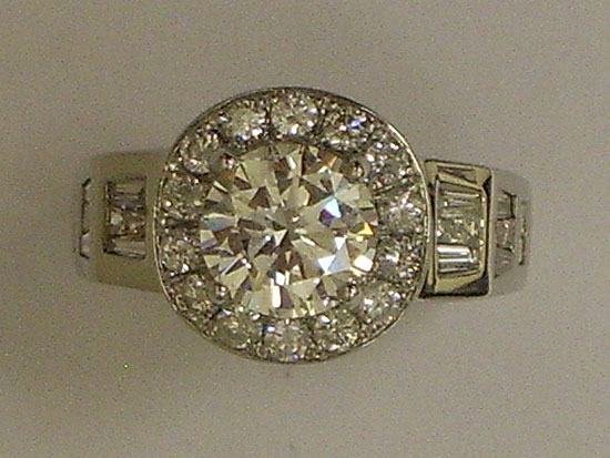 18K White Gold Diamond Engagement Ring With Halo and Baguettes