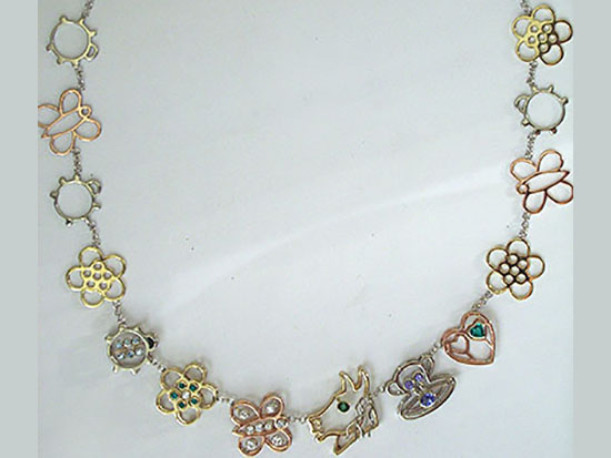 White, Yellow, Rose Charm Necklace With Diamonds, Gemstones